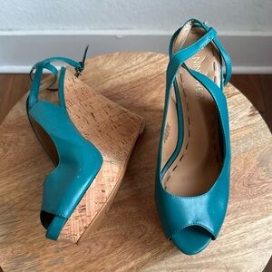 Nine West Lienna teal Leather Platform Wrap Ankle Peep Toe Wedges sz: 6.5